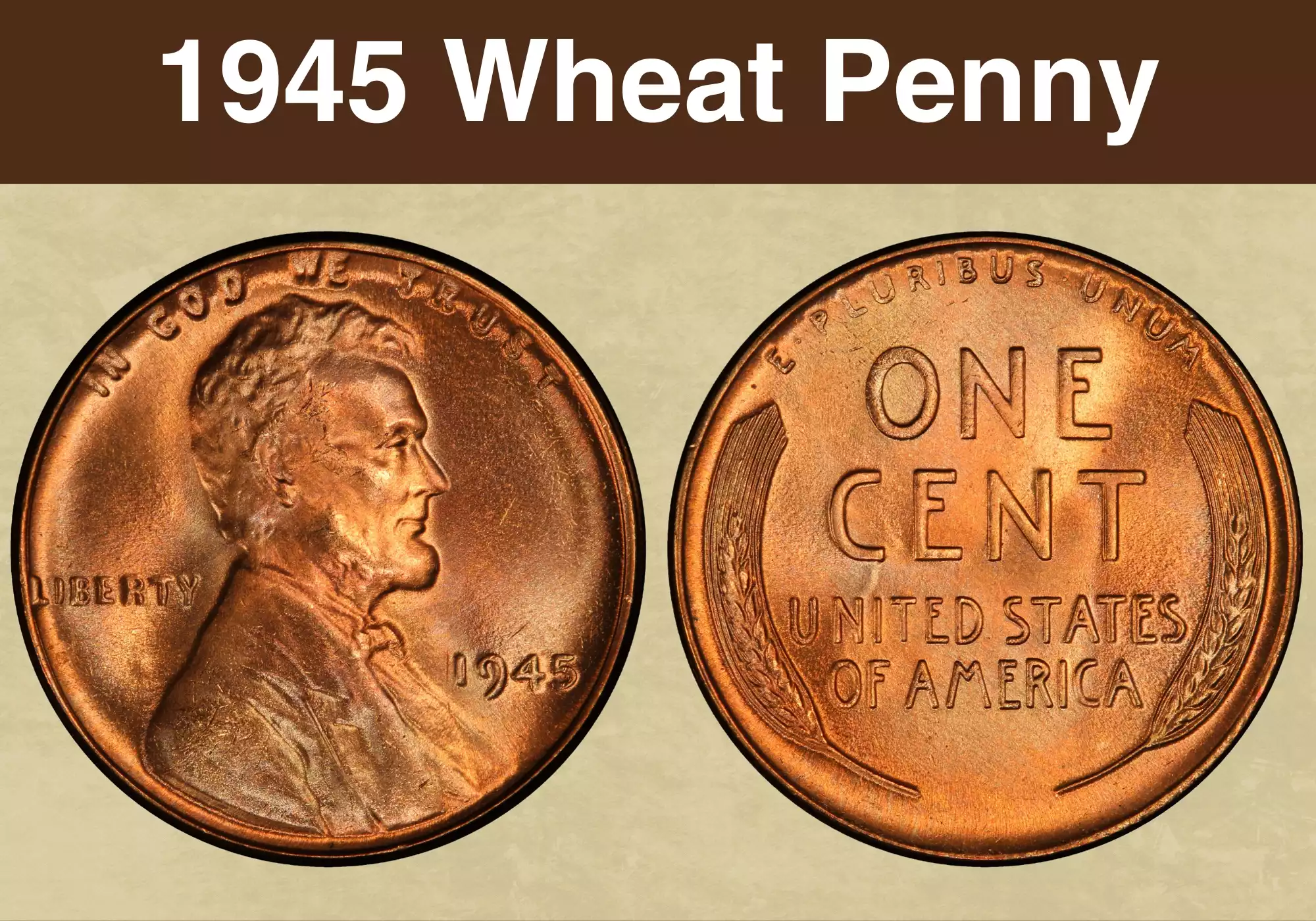 Three 1945 wheat pennies showing no mint mark Philadelphia, D Denver, and S San Francisco with Lincoln portrait and wheat reverse