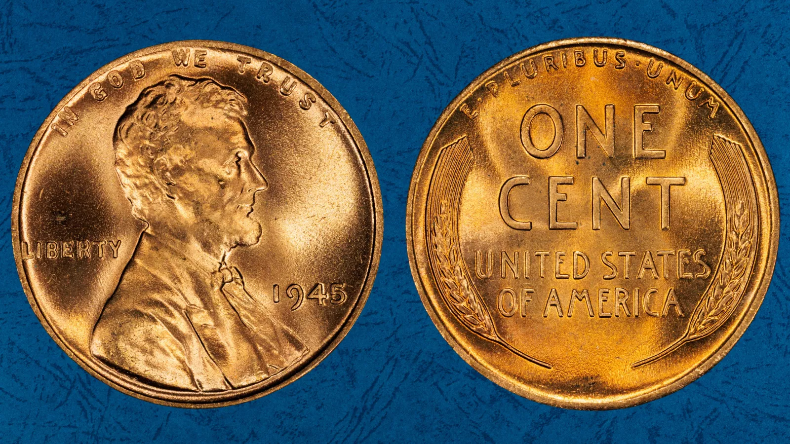 1945 wheat penny grading strip showing four condition tiers from heavily worn Brown through gem Red uncirculated with brilliant copper luster