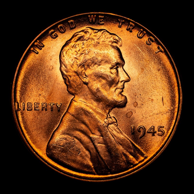 1945 wheat penny DDO FS-101 doubled die obverse showing doubling on IN GOD WE TRUST and LIBERTY with rounded secondary letter impressions