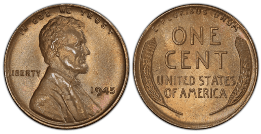 1945 wheat pennies showing all three mint varieties — no mark Philadelphia, D Denver, S San Francisco — with the shell case alloy's characteristic copper color